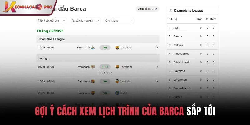 Gợi ý cách xem lịch trình của Barca sắp tới
